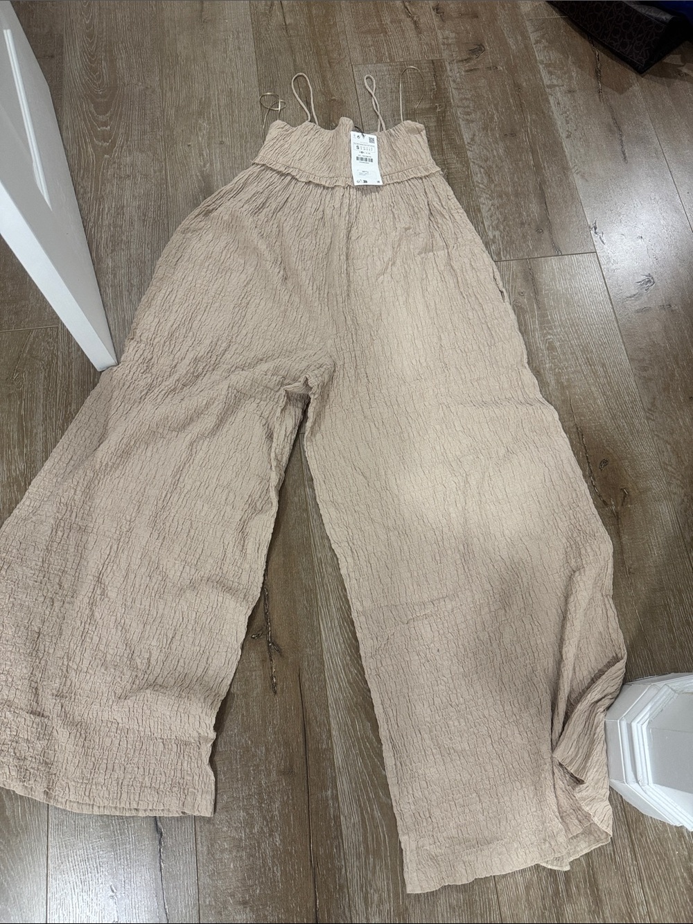 H&M Beige Crinkled Spaghetti Strap Jumpsuit